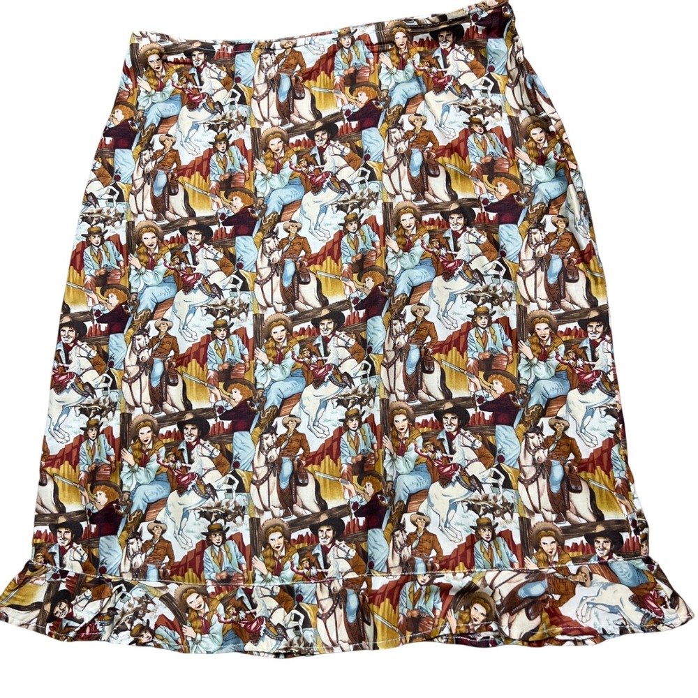 Western Print Maxi Skirt Cowboy Cowgirl Rodeo Ruffle‎ Hem Long Skirt